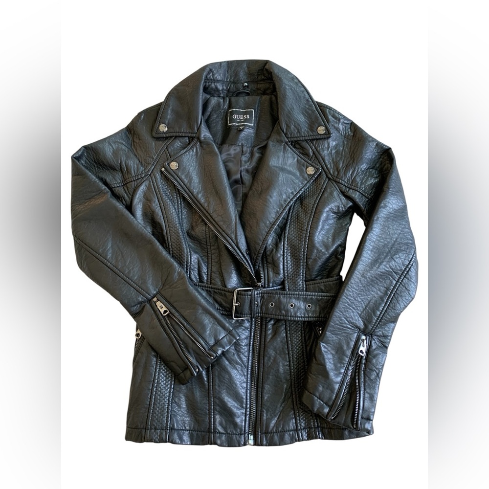 GUESS Black Faux Leather Belted Jacket Coat size small